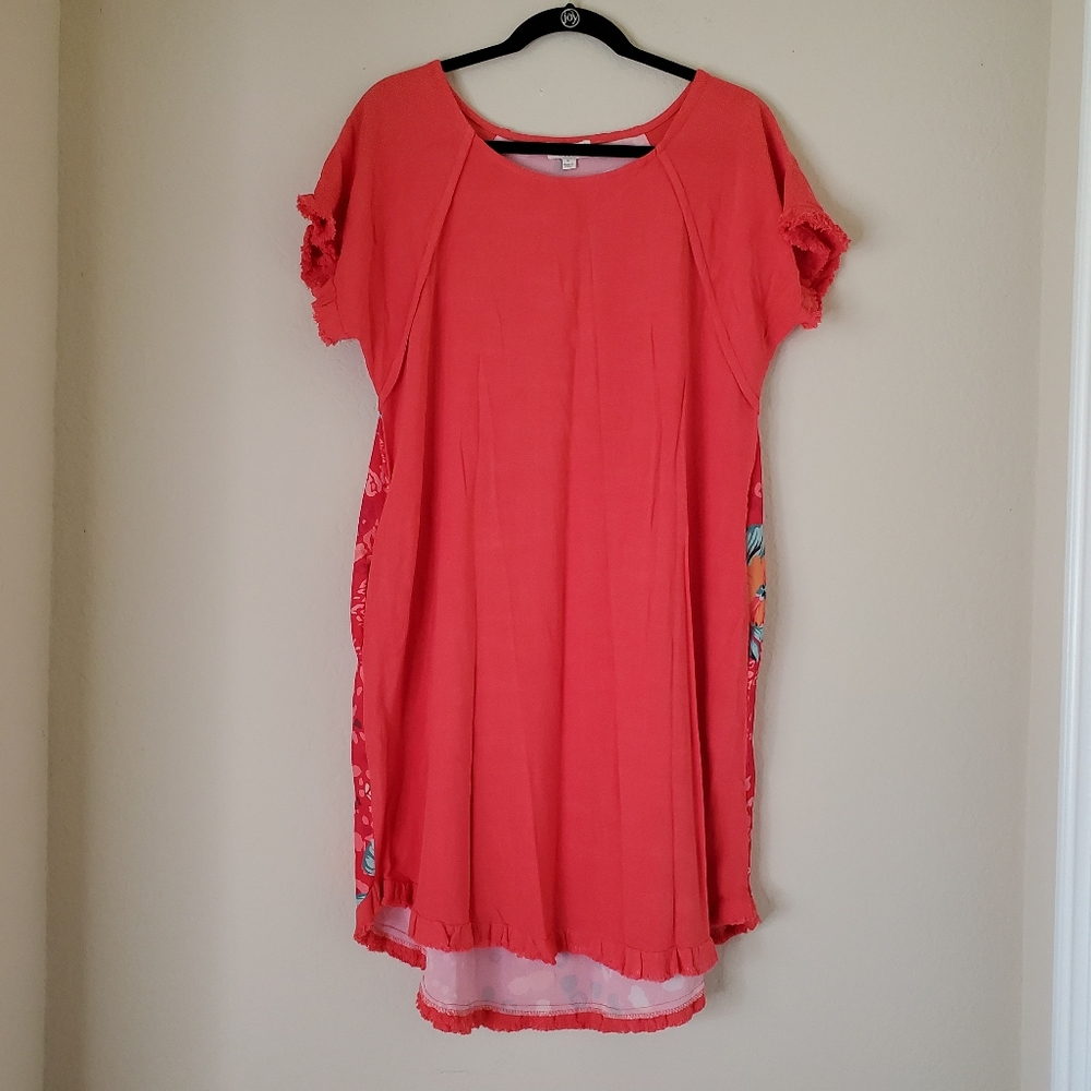 Umgee Womens Dress Sz Small Printed Back Floral Orange Frayed-Hem Linen Pockets